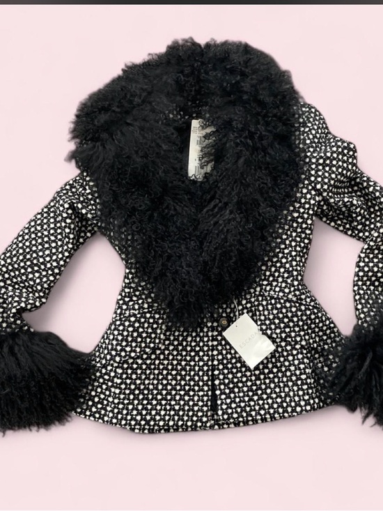 Escada Jackets & Blazers - Escada Black & White Patterned Pea Coat with Faux Fur Trim